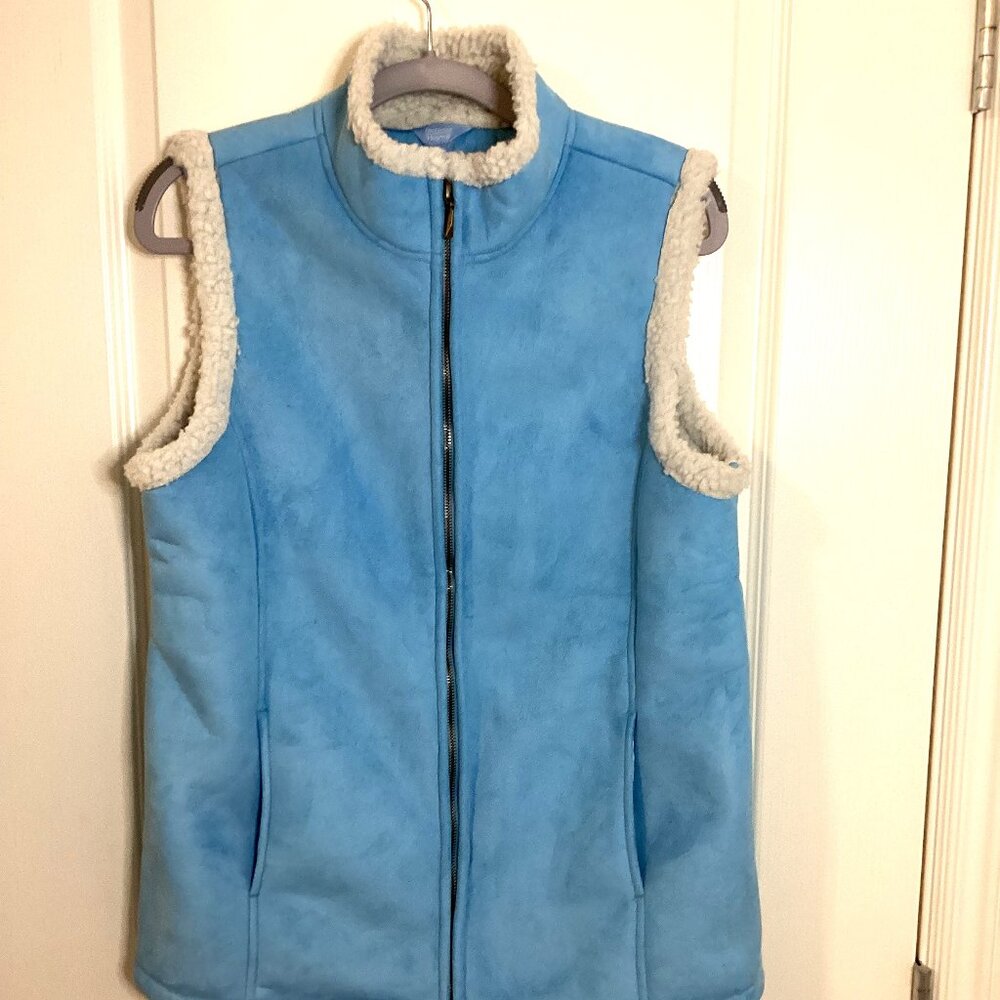 Denver Hayes Women's Blue Faux Suede Vest Sleeveless Size M Sherpa Lined - Picture 2 of 10